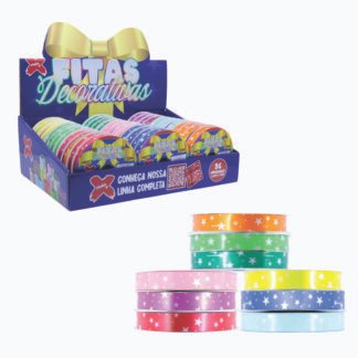Fita plastica decorativa 15mmx10m - ESTRELAS - CX C/ 36 (vm,am, az cl, vd cl, pk, rs cl, lj, vd es, az es)