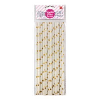 Canudo de Papel 6mmx200mm c/ 12 und - Branco e Ouro Metálico - Estrelinhas