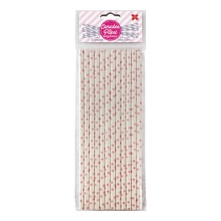 Canudo de Papel 6mmx200mm c/ 12 und - Branco e Rosa - Bolinhas