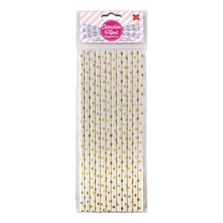 Canudo de Papel 6mmx200mm c/ 12 und - Branco e Ouro - Bolinhas
