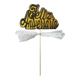 Topo de Bolo Feliz Aniversário Dourado com Tule (11.5*20.5cm)