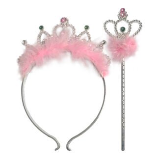 Tiara Coroa e Varinha Pluma Rosa - Charme (20x11 e 20x5,5cm)