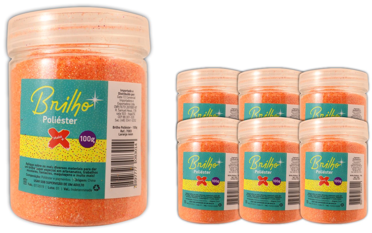 Glitter Poliester Pote 100 grs c/ 6 Laranja Neon
