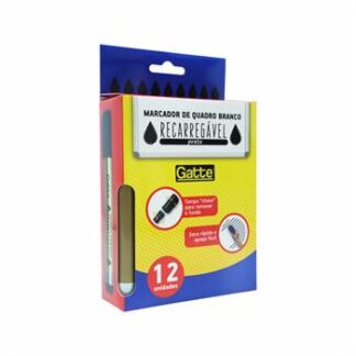 Marcador De Quadro Branco Preto Recarregavel C/ 12 Pcs