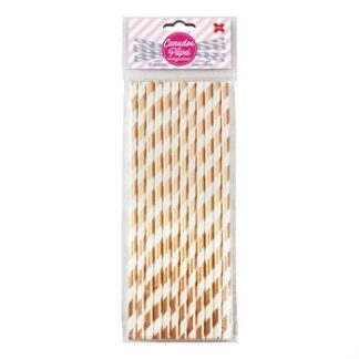 Canudo de Papel 6mmx200mm c/ 12 und - Listrado Champanhe  Metalizado