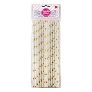 Canudo de Papel 6mmx200mm c/ 12 und - Branco e Ouro Metálico - Estrelinhas