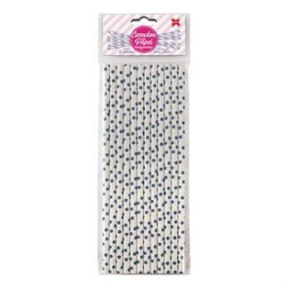 Canudo de Papel 6mmx200mm c/ 12 und - Branco e Azul - Bolinhas Poá