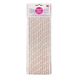 Canudo de Papel 6mmx200mm c/ 12 und - Branco e Rosa - Bolinhas