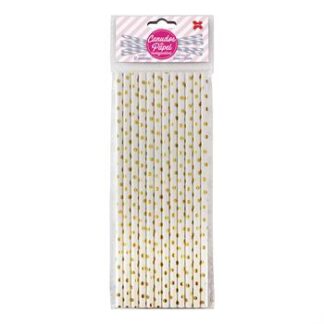 Canudo de Papel 6mmx200mm c/ 12 und - Branco e Ouro - Bolinhas