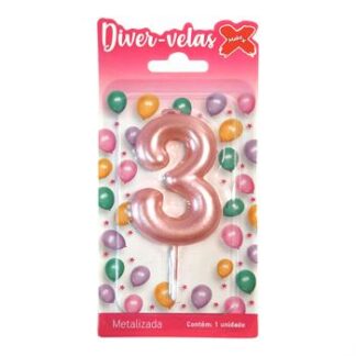 Vela Metalizada 6 cm Rosa Bebe "3"