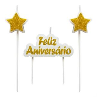 Vela Topo de Bolo Feliz Aniversário e Estrelas Ouro c/ 3