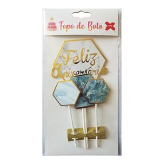 Topo de Bolo Feliz Aniversário Plaquinhas Luxo c/ 5 (9.5*19cm)