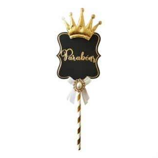 Topo de Bolo Parabéns Coroa Dourada (8.5*26cm)