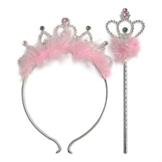 Tiara Coroa e Varinha Pluma Rosa  - Charme (20x11 e 20x5,5cm)